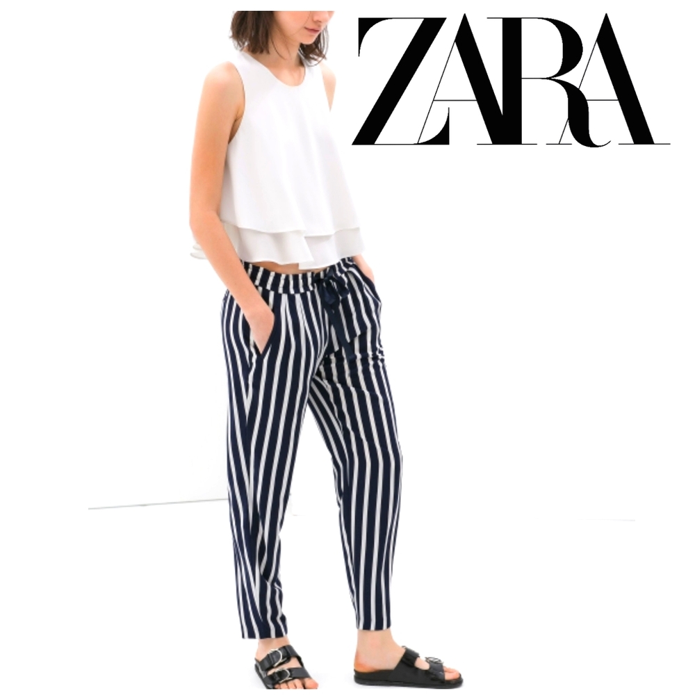 ⭐ Zara basics Blue White Striped Drawstring Pants